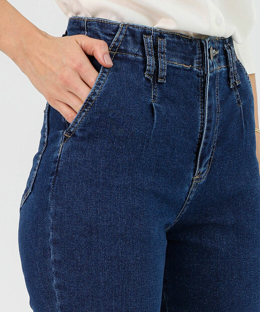 Calça Mom Jeans Cintura Alta Bolsos Sawary Azul