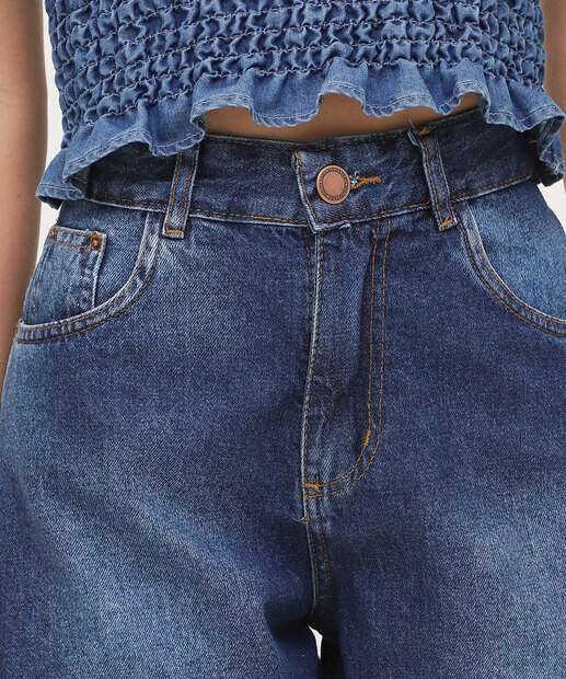 Short Feminino Jeans Bolsos Cintura Alta 