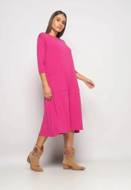 Vestido Midi Com Bolsos E Manga 7/8 Moletinho Rosa Salvatore