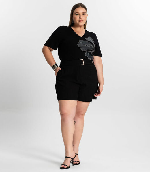 Blusa Feminina Plus Size Manga Evasê Secret Glam Preto