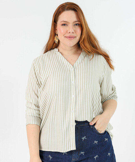 Image_Camisa Plus Size Feminina Listrada Manga Longa Marisa Verde