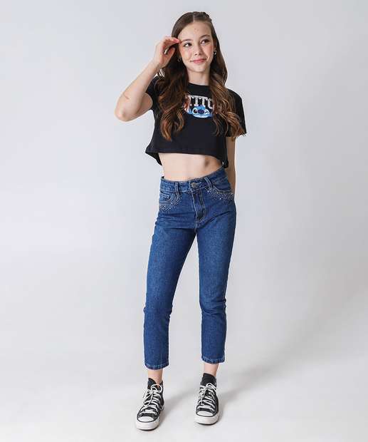 Calça Jeans Cigarrete Juvenil Strass Tam 10 a 16 Azul