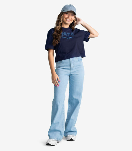 T-Shirt Femina Cropped Meia Malha Estampa Minty Azul