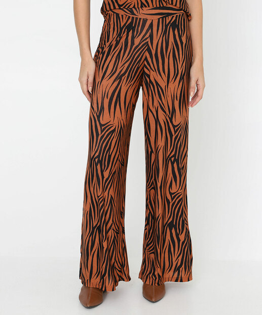 Calça Pantalona Feminina Animal Print Marisa Marrom