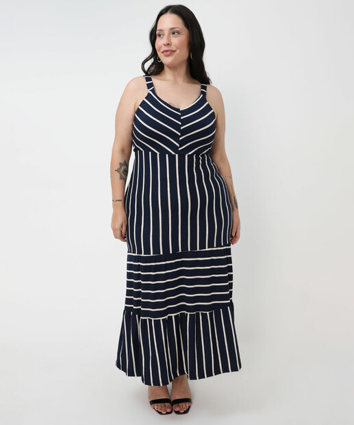 Vestido Plus Size Textura Listrado Feminino Marisa Azul