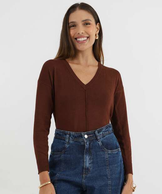 Image_Suéter Feminino Decote V Nervura Marisa Marrom