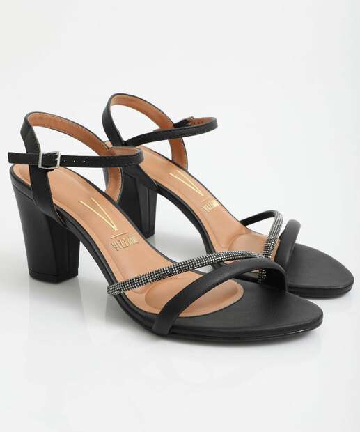 Sandália Feminina Salto Grosso Strass Vizzano Preto