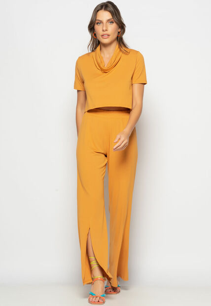 Conjunto Cropped Golão E Calça Fenda Frontal Malha Caramelo Salvatore