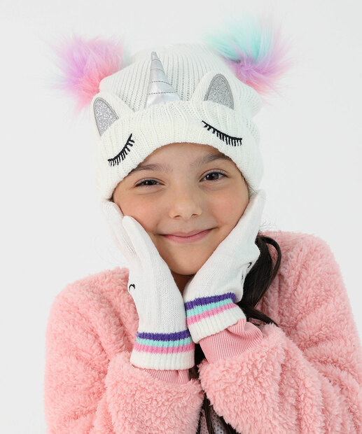 Image_Kit Touca e Luva Infantil Tricô Unicórnio Tam 04 A 10 Marisa Branco