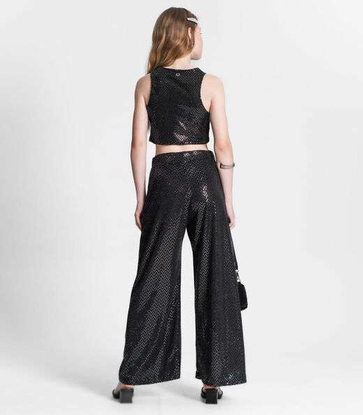 Calça Juvenil Wide Leg Em Lantejoulas Minty Preto