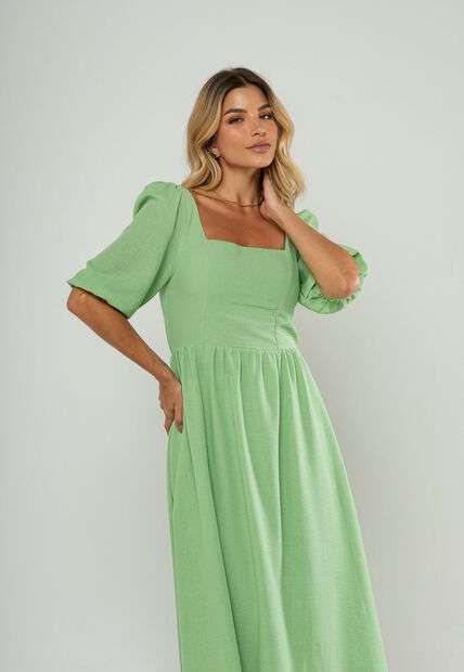 Vestido Longo Com Decote Reto E Manga Bufante 3/4 Verde Salvatore