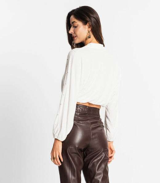 Camisa Feminina Manga Longa Com Strass Endless Bege