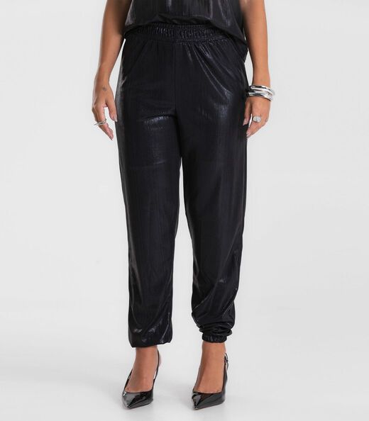 Calça Feminina Aladim em Malha Plissada Dianna Preto