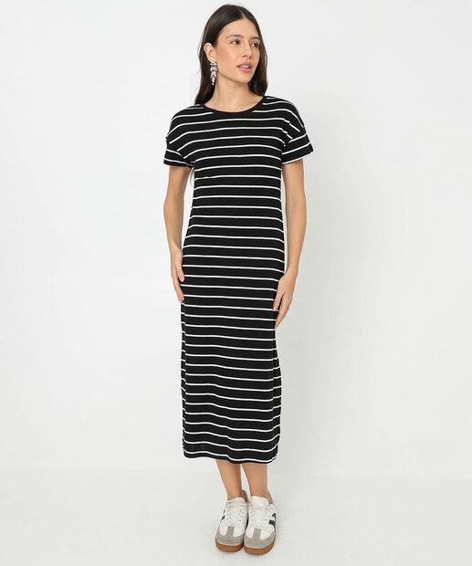 Image_Vestido Midi Feminino Listrado Manga Curta Marisa Preto