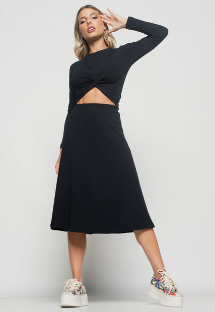 Cropped  Nó Manga Longa Canelada Preto Salvatore Fashion