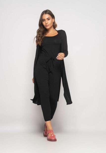 Conjunto Com Kimono, Regata e Jogger Malha Preto Salvatore
