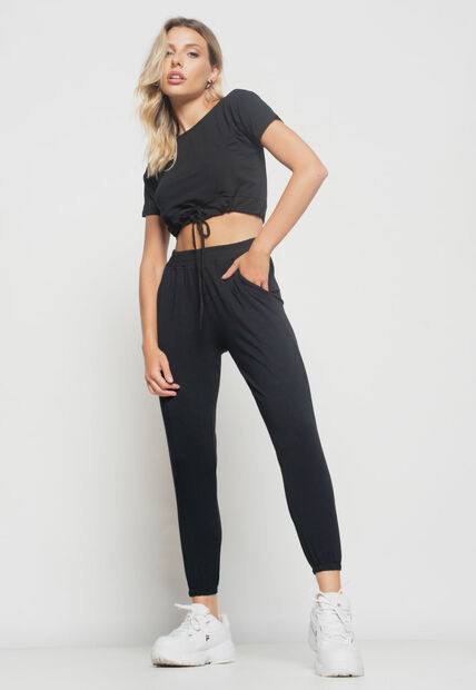 Cropped  Manga Curta Com Cadarço Malha Preto Salvatore Fashion