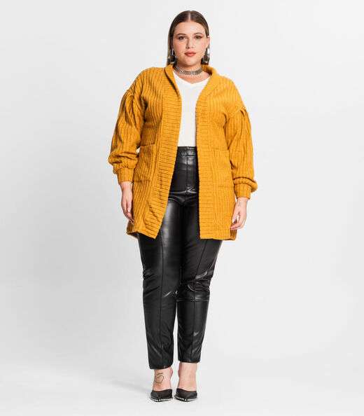 Cardigan Plus Size Em Canelado Tricot Secret Glam Amarelo