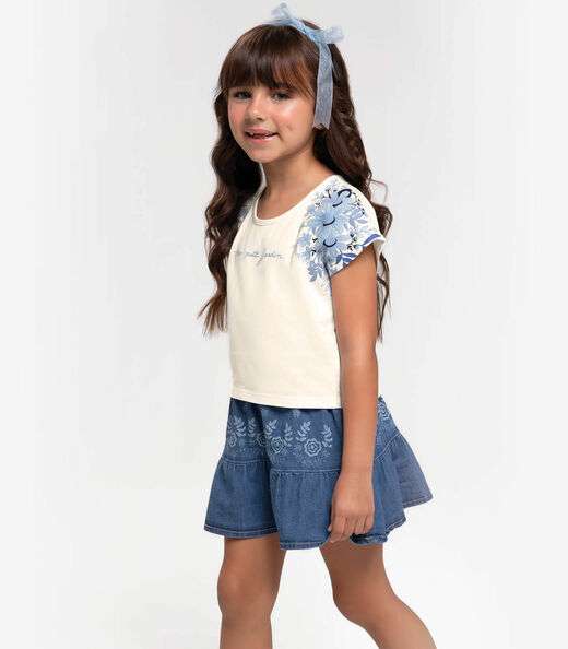 Conjunto Infantil Blusa Com Saia Jeans Trick Nick Bege