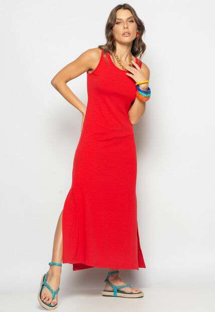 Vestido Longo Regata Com Fenda Canelado Vermelho Salvatore