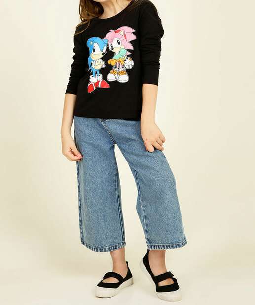 Camiseta Infantil Manga Longa Estampa Sonic Tam 4 a 10
