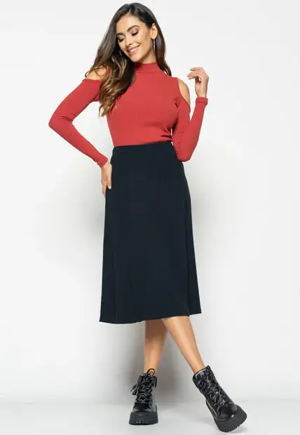 Blusa  Ombro Vazado Manga Longa Canelada Terracota