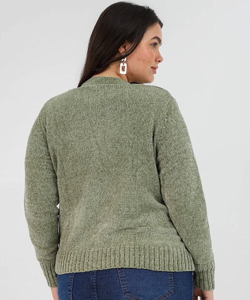 Cardigan Plus Size Feminino Chenille Botões Marisa Verde