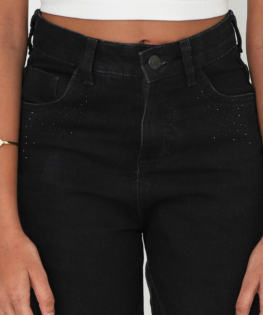 Calça Juvenil Jeans Wide Leg Strass Tam 10 a 16 Preto