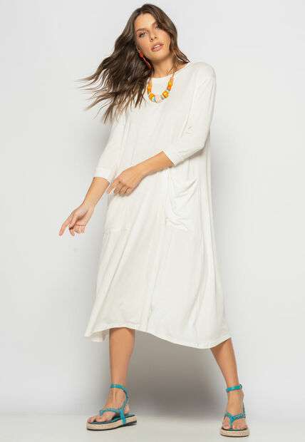 Image_Vestido Midi Com Bolsos E Manga 7/8 Marfim Salvatore