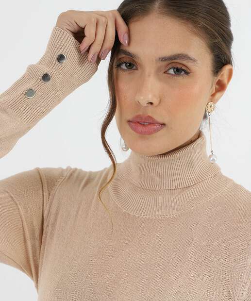 Suéter Feminino Gola Alta Botões Marisa Bege