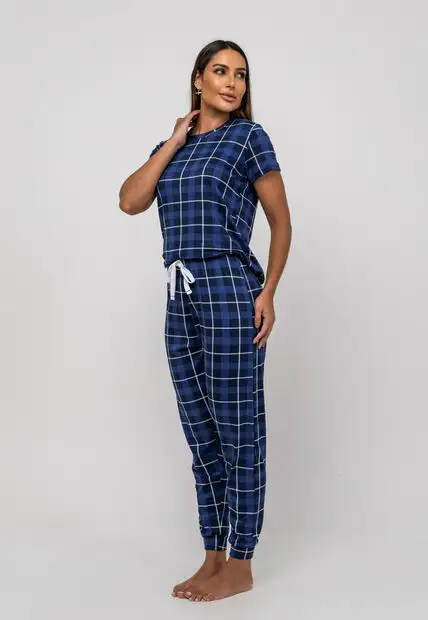 Pijama Calça e Blusa M/C Malha Xadrez Azul Salvatore Fashion