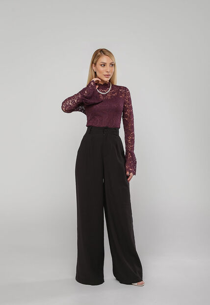 Blusa De Renda Com Manga Longa Flare Roxo Salvatore