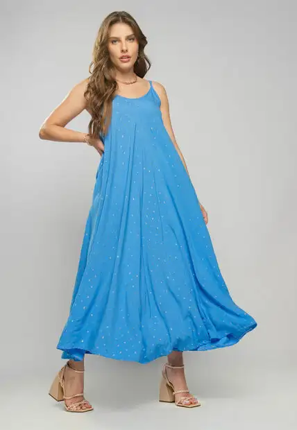 Vestido Midi Viscose Com Lurex Com Amarração Azul Salvatore Fashion