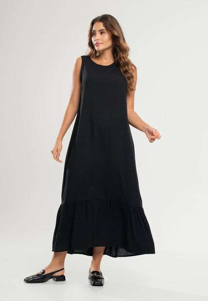 Vestido Midi Regata Babado Viscolinho Preto Salvatore Fashion