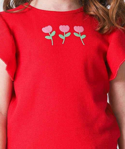 Blusa Infantil Canelada Flores Marisa Tam 4 a 10 Vermelha