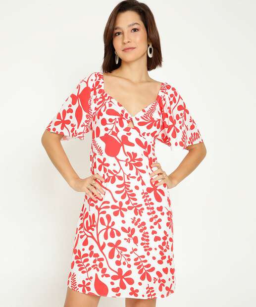 Vestido Feminino Estampa Folhas Manga Curta 