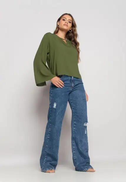 Blusa Manga Longa Flare Viscolinho Verde Salvatore