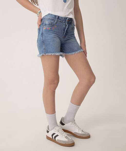 Short Juvenil Jeans Bordado Barra Desfiada Tam 10 a 16