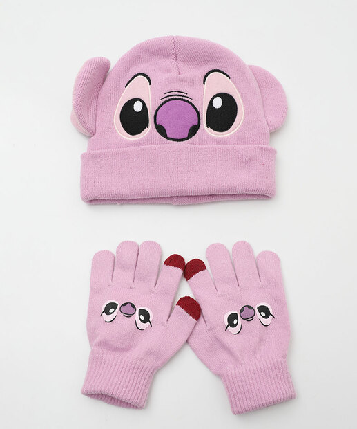 Image_Kit Infantil Touca e Luva Bordado Stitch Disney Tam 4 a 8 Rosa