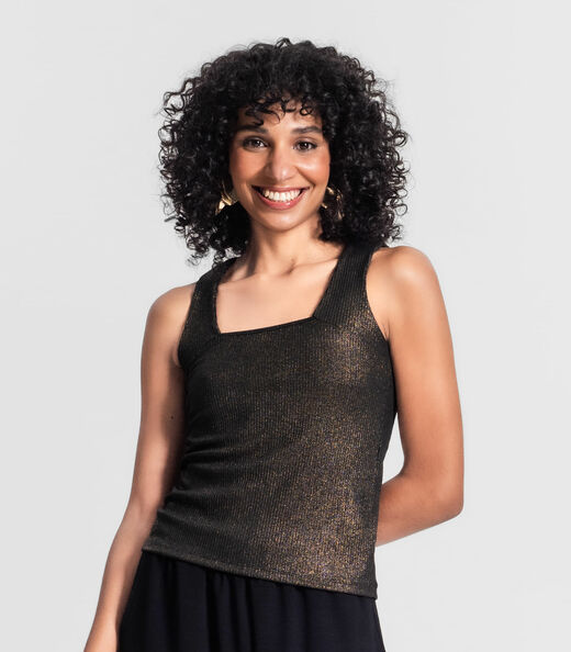 Regata Feminina Em Ribana Canelada Lurex Rovitex Preto