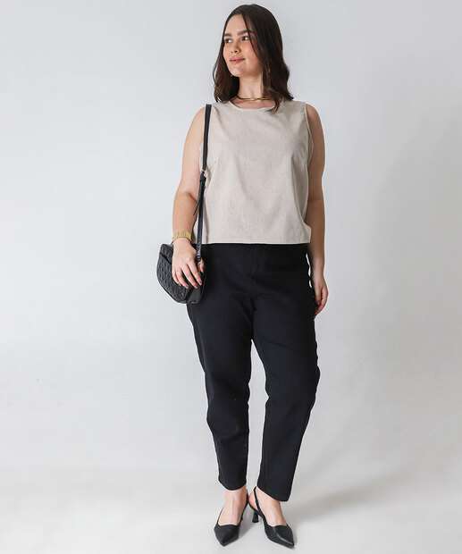 Blusa Regata Plus Size Feminina Linho Marisa Bege