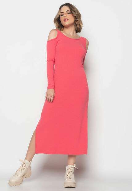 Vestido Midi Ombro Vazado Manga Longa Canelado  Fashion Melancia