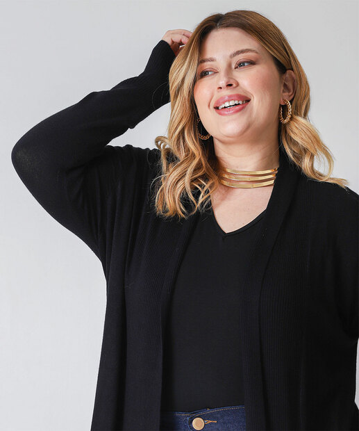 Cardigan Plus Size Feminino Barra Assimétrica Marisa Preto