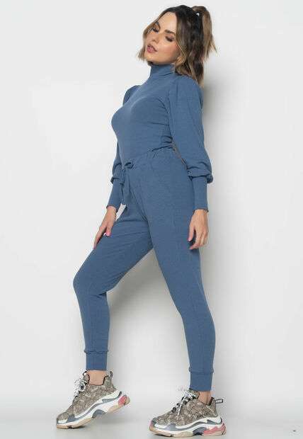 Conjunto Comfy Com Blusa Princesa M/L e Jogger Canelado Azul Jeans Salvatore
