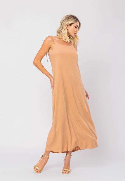 Vestido Midi Viscolinho Premium com Alças Bege Salvatore