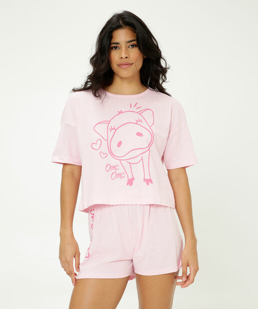 Pijama Feminino Estampa Porco Manga Curta Marisa