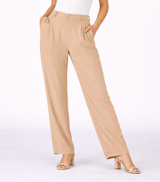Calça Reta Feminina Em Air Flow Com Bolsos Aishty Bege