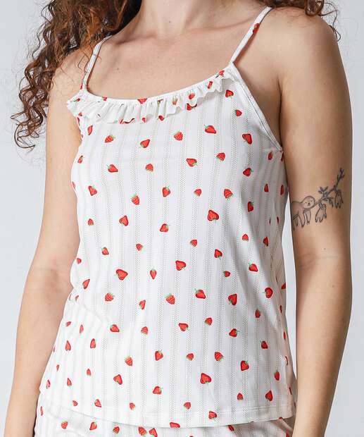 Pijama Feminino Listrado Morango Marisa Off White