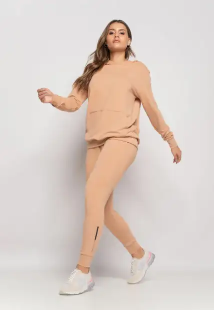 Conjunto De Moletinho Esportivo Com Casaco Capuz E Calça Jogger Bege Salvatore f