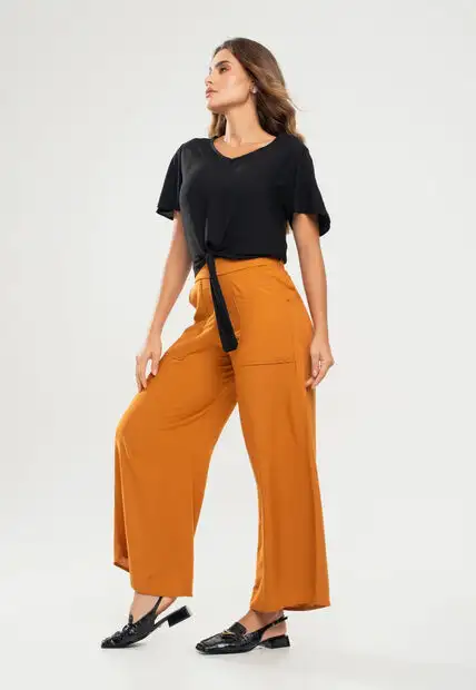 Calça Pantalona Com Bolso Viscolinho Mostarda Salvatore Fashion